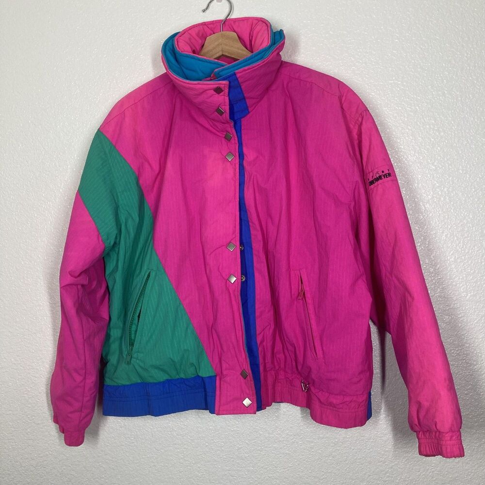 VINTAGE Sport Obermeyer Jacket Womens 8 Pink Colorblock Diamond Ski Puffer 90s - Picture 2 of 16